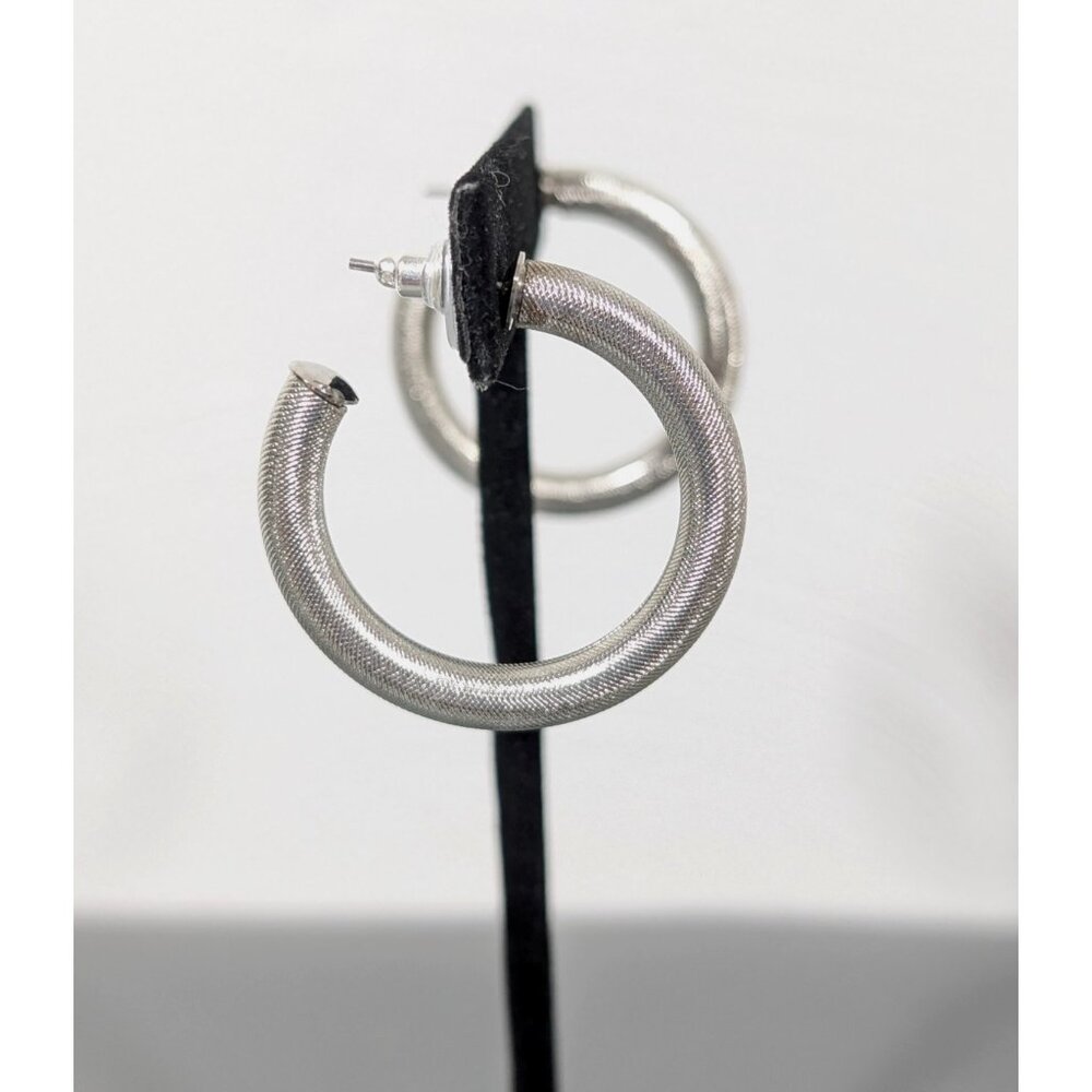 Silver Tone Brushed Textured Tube‎ Hoop Pierced Earrings Modernist Industrial
